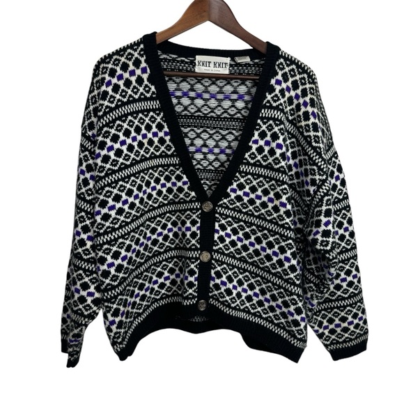 Vintage Knit Knit Black Purple White Cardigan Knit - Picture 1 of 11